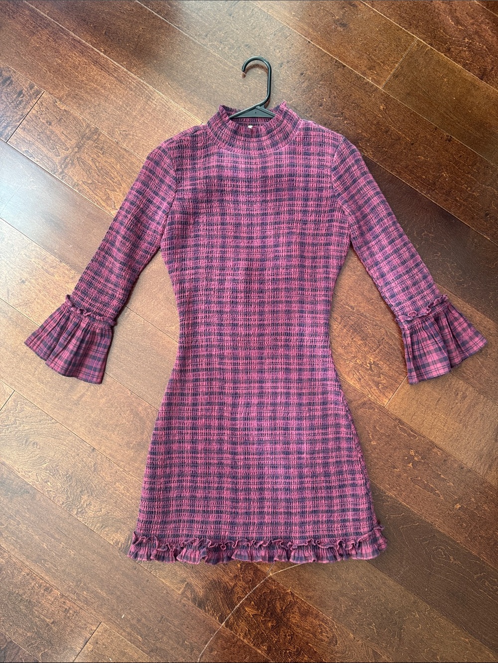 Free People Pink Plaid Knit Mini Dress with Ruffle Cuffs